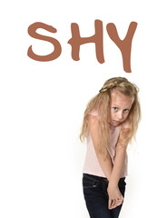 English language vocabulary school card with the word shy and a sweet little girl looking timid