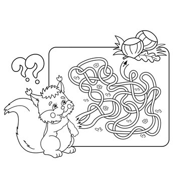 Cartoon Vector Illustration of Education Maze or Labyrinth Game for Preschool Children. Puzzle. Tangled Road. Coloring Page Outline Of squirrel with with nuts. Coloring book for kids.