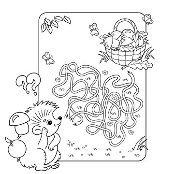 Cartoon Vector Illustration of Education Maze or Labyrinth Game for Preschool Children. Puzzle. Tangled Road. Coloring Page Outline Of hedgehog with basket of mushrooms. Coloring book for kids.