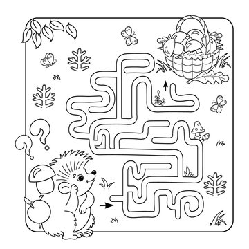 Cartoon Vector Illustration of Education Maze or Labyrinth Game for Preschool Children. Puzzle. Coloring Page Outline Of hedgehog with basket of mushrooms. Coloring book for kids.