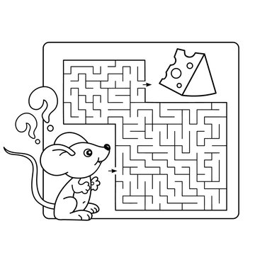 Cartoon Vector Illustration of Education Maze or Labyrinth Game for Preschool Children. Puzzle. Coloring Page Outline Of little mouse with cheese. Coloring book for kids.