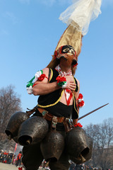 PERNIK, BULGARIA - JANUARY 29, 2017 - Masquerade festival Surva in Pernik, Bulgaria. People with mask called Kukeri dance and perform to scare the evil spirits