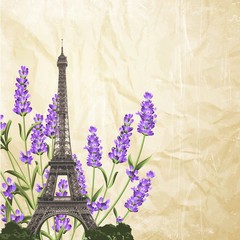 Souvenir card with eiffel tower. Eiffel tower with blooming spring flowers over old paper background. Vector illustration.
