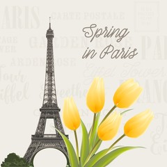 Eiffel tower and Tulip bouquet. Spring in Paris sign. Tulip bouquet over gray text pattern. Elegant print template. Vector illustration.