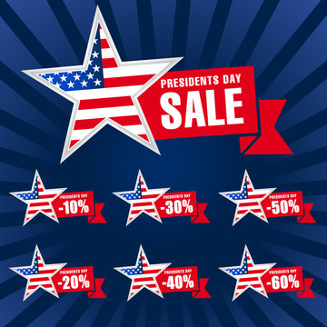 Presidents day USA sale dark blue. Presidents Day Sale discount labels vector illustration USA flag on background in star and red ribbon