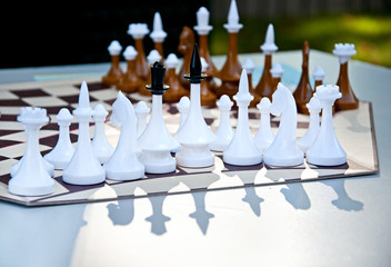 Chess game for three players. Chess pieces on the hexagonal board.