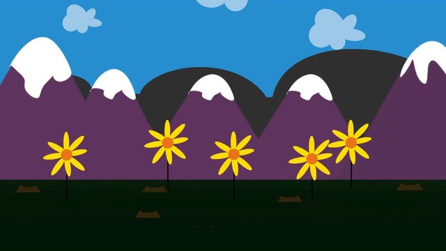 An animated cartoon of colorful garden daises against a mountain background as clouds drift by in the sky.   