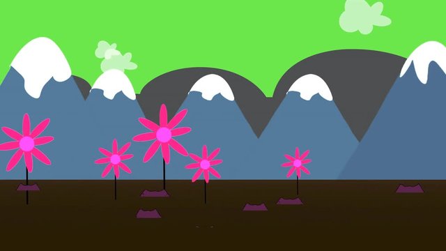 An animated cartoon of colorful garden daises against a mountain background as clouds drift by in the sky.    