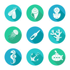 Set of nine icons on the theme of the underwater world.