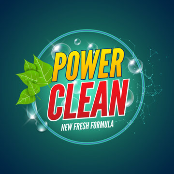 Soap package design. Vector wash soap background. Laundry detergent package design banner. Powder to wash clothing. Power fresh product with mint.