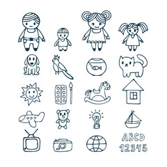 Family icons set in doodle style. Hand drawn design elements. Dr