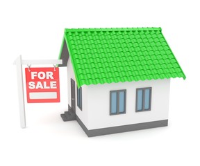 Miniature model of house real estate for sale on white background. 3D rendering.