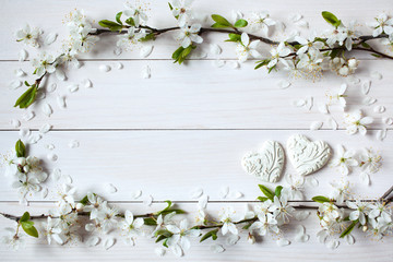 Background with flowering, blooming branches of plums, cherries and  heart