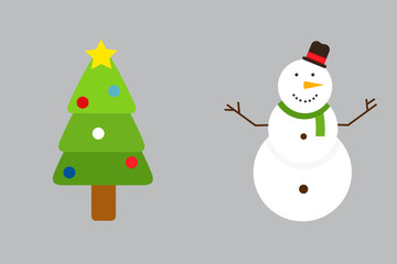Vector illustration of decorated Christmas tree and snowman.