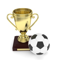 Fototapeta na wymiar Isolated golden cup with ball on white background. Soccer and football. First place trophy. Game and competition. 3D rendering