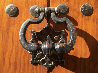 Metal door knocker on wooden door