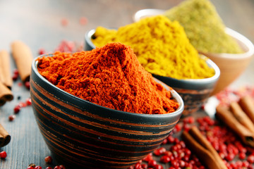 Variety of spices on kitchen table