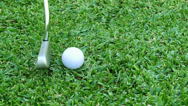 A golfer aligns his putter to the golf ball then takes a swing to hit it into the hole.