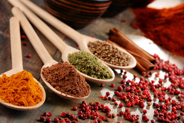 Variety of spices on kitchen table