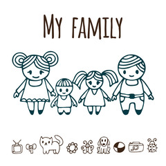 Happy family with two children in cartoon style. Hand drawn dood