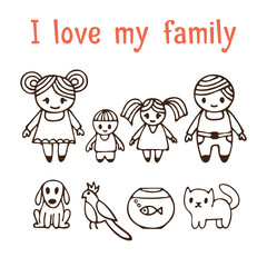 I love my family. Happy family with two children in cartoon styl