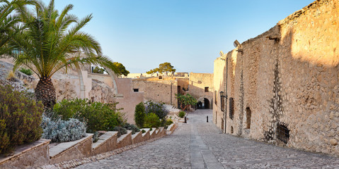 Panoramic view of the castle Santa Barbara. The ruins the chapel and out the fortress. Alicante, Spain.