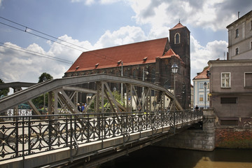 Mill bridge - Most Mlynski and church of Our Lady on Sand in Wroclaw. Poland