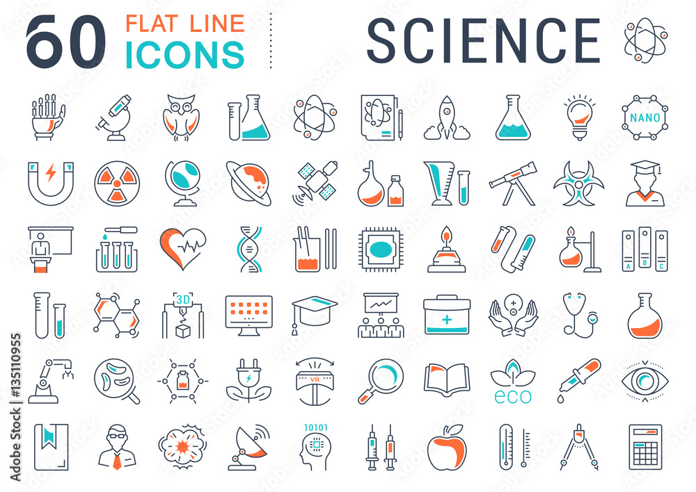 Poster set vector flat line icons science