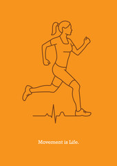 Fototapeta na wymiar Vector illustration with running girl silhouette and heart pulse line. Motivational banner or poster creative design concept.
