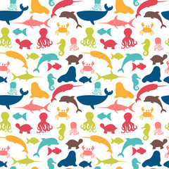 Underwater seamless pattern with fishes, octopus, crab, walrus,