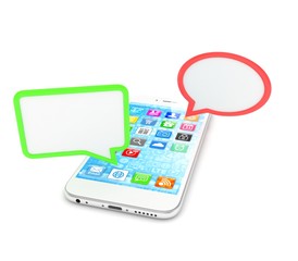 smartphone with bubbles isolated on white background. 3d rendering.