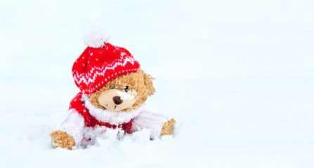 Teddy Bear Sitting on Snow  Dressed in a Knitted Clothes