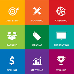 Vector set of white flat icons on business and marketing theme: like planning, selling, presenting and growing