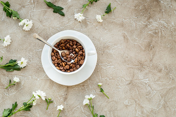 coffee beans on gray table top view mock up