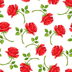 Vector seamless pattern with red roses on a white background.