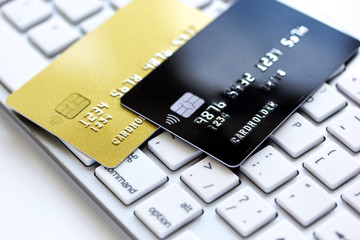 Credit cards on the keyboard close up