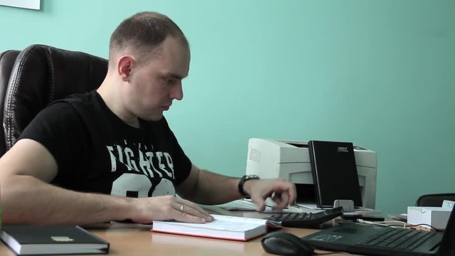 American Company Accounting Manager Man Calculate Monthly Financial Payments