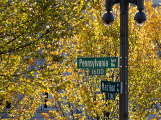Street sign for 1600 Pennsylvania Ave, the address of the White House, in Washington DC.