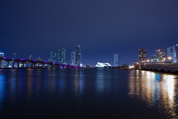 Fototapeta na wymiar View on Miami Downtown and MacArthur Causeway at night time with a view on a bay, Sunset. USA