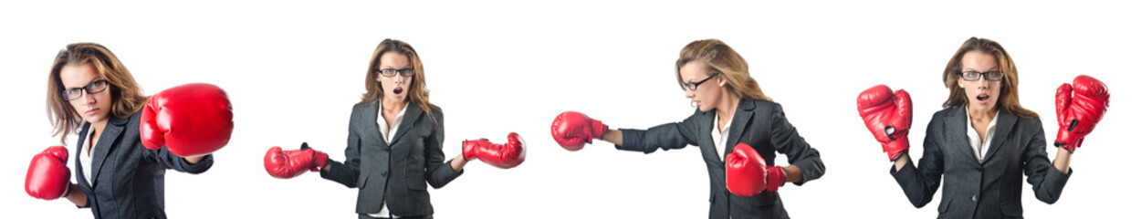 Young woman with boxing gloves isolated on white