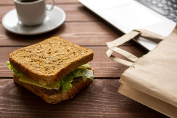 concept of lunch in officeat work top view
