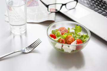 concept of lunch in officeat work top view