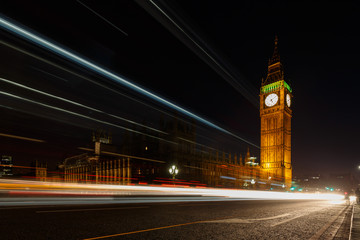 Fototapeta na wymiar BIg Ben clock tower with light trails, London, UK
