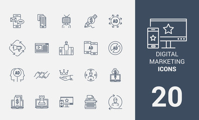 Digital marketing line icons.
