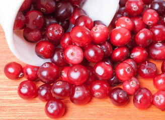 Scattered from a white cup closeup cranberries