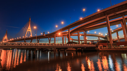 Bhumibol Bridge ,The big beautiful bridge over the river in evening scene with sunset, Industrial ring,Bangkok,thailand