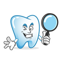 Search tooth mascot holding magnifying glass, tooth character, tooth cartoon vector
