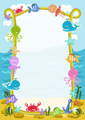 Sea frame with cartoon sea animals. Children's diploma. Sea life.