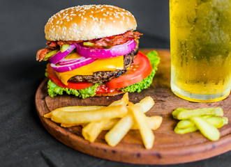 Burger and beer. Selective focus