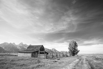Grand Teton National Park, Wyoming.  Barn in a grass field.  Black & White. - 135127501